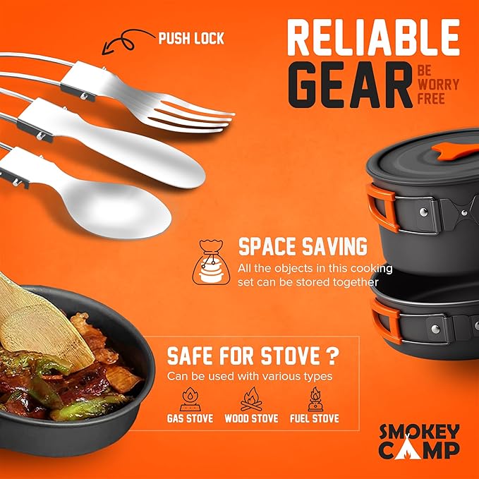 Camping Cookware Mess Kit Set with Stove - Backpacking Camping Pots and Pans Set, All in One