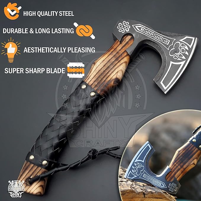 SHINY CRAFTS®- Decorative Viking Axe – Unique Gift for Dad Carbon Steel Blade with Leather Handle