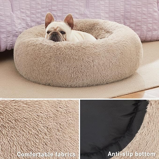 Love's cabin Calming Dog & Cat Bed, Cat Bed for Indoor Cats, Anti-Anxiety Donut Round Bed, Fluffy