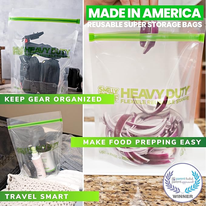 HEAVY DUTY Reusable STAND-UP Bags for Food Storage by Smelly Proof, USA Made, NO PEVA & BPA FREE