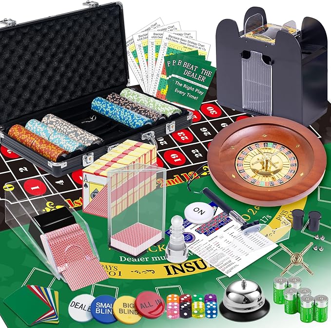 5 in 1 Super Pro Casino Game Set: Blackjack/Texas Hold'em/Roulette/Craps/Poker Kit, 10" Wooden