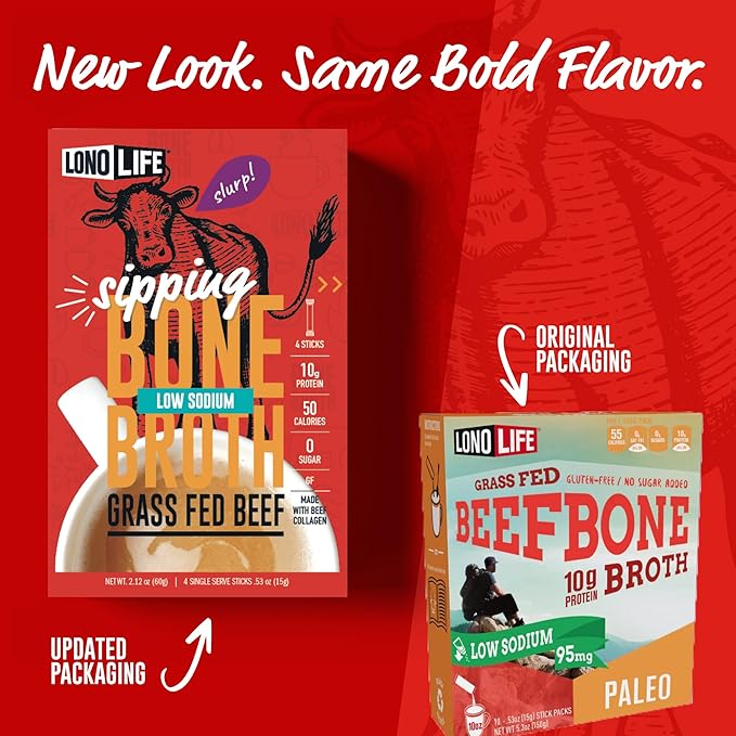 LonoLife Low Sodium Beef Bone Broth Powder Mix | Grass-Fed, 10g Protein | Collagen-Rich, Keto &