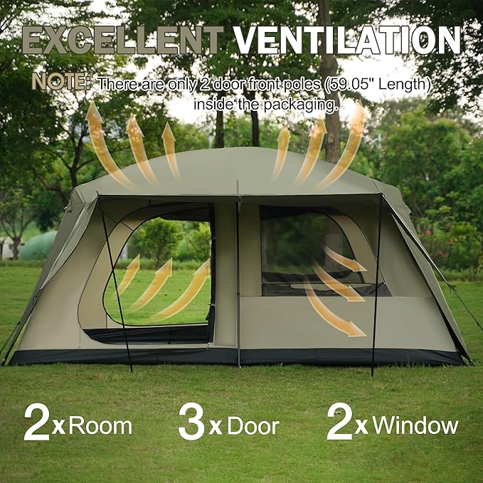 Vidalido 8-10 Person Camping Tent with 3 Door 2 Room Large Family Cabin Tents, Double Layer