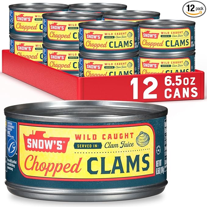 Snow's Wild Caught Chopped Clams Canned, 6.5 oz Can (Pack of 12) - 5g Protein Per Serving - Gluten