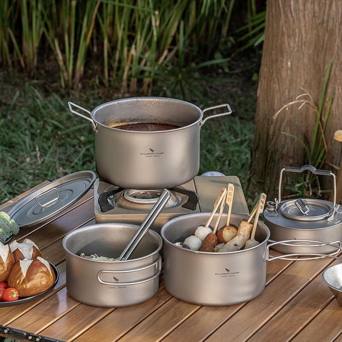 iBasingo 1.2L+1.8L+2.4L Titanium Pots Set with Lid Camping Cookware with Foldable Handle Portable