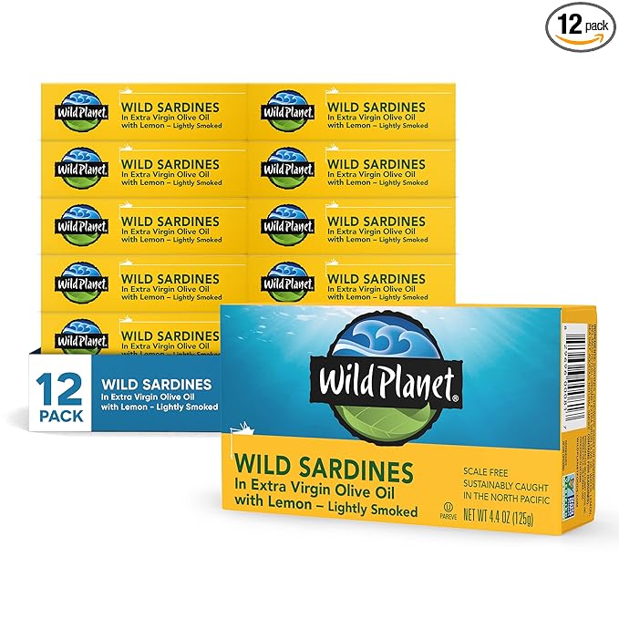 Wild Planet Wild Sardines in Extra Virgin Olive Oil With Lemon, Lightly Smoked, Tinned Fish, 4.4