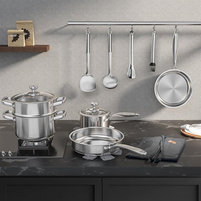 Meythway 𝐇𝐄𝐀𝐕𝐘 Pots and Pans Set Non Toxic, 16PCs Stainless Steel Cookware Set with Steamer