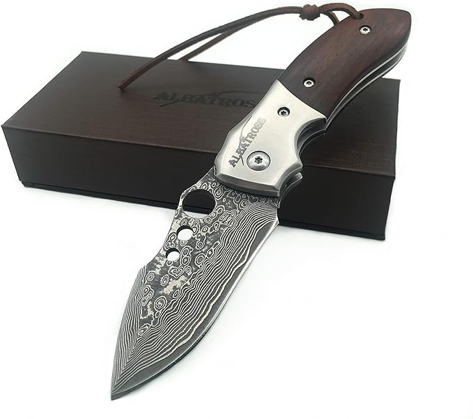 ALBATROSS Premium Damascus Steel Folding Pocket Knife with Liner Lock - EDC Knife with Sandalwood
