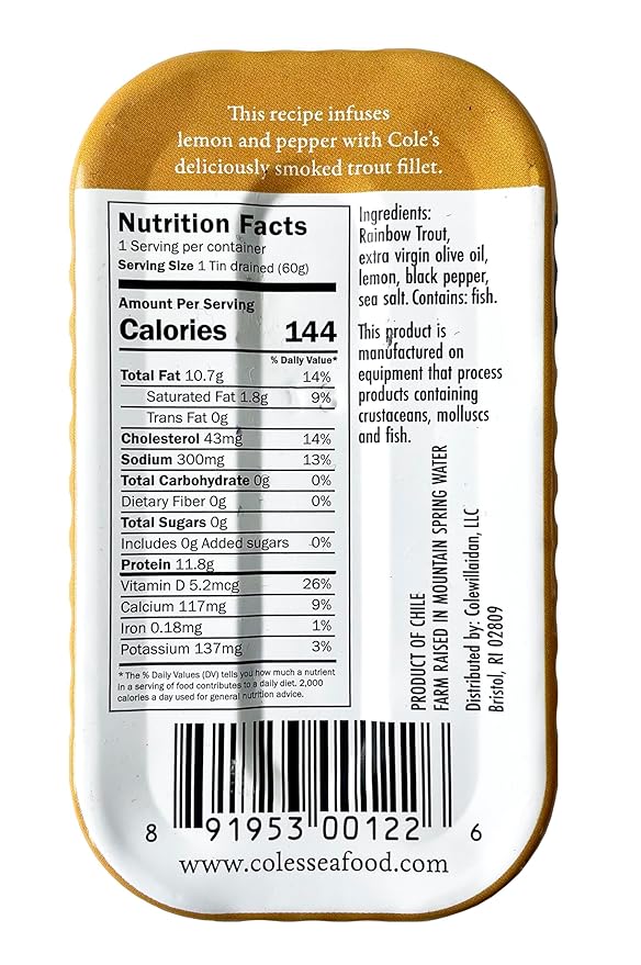 COLE?™S - Smoked Trout Fillet with Lemon & Cracked Pepper | 3.2oz Hand-Packed Canned Fish | High in