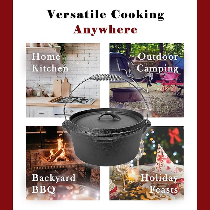 Cuisiland 4.5QT Cast Iron Dutch Oven with Lip Lid & Bail Handle – Pre-Seasoned Camping Pot for