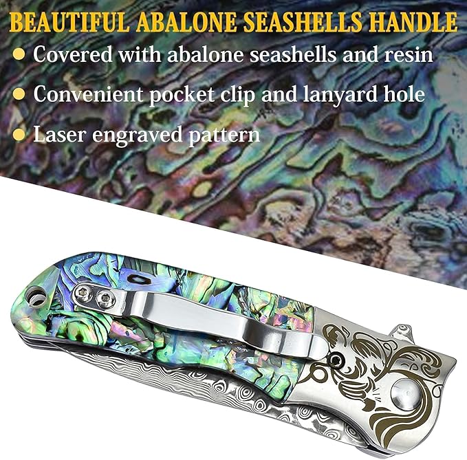AUBEY EDC Damascus Pocket Knife with Leather Sheath, Abalone Shells Handle, Handmade Damascus Steel