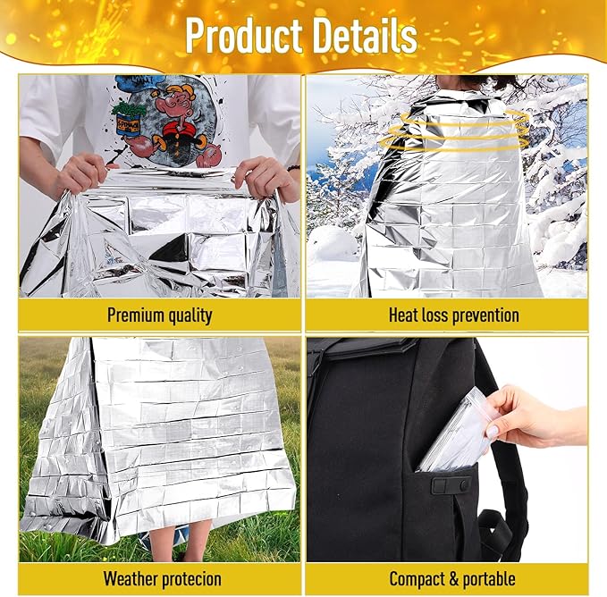 Kanayu 100 Pack Emergency Foil Thermal Blankets for Survival 82 x 63 Foil Space Blanket Kit for