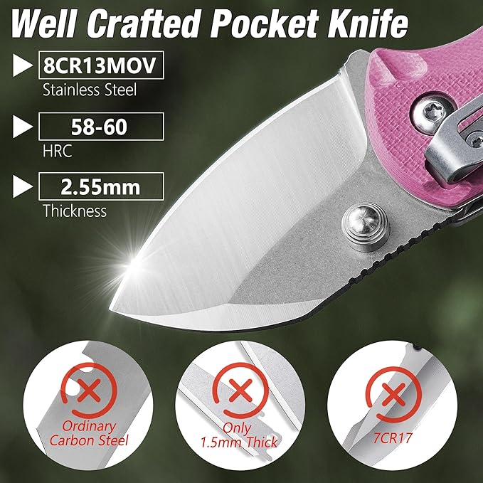 FLISSA 4" Small Folding Pocket Knife, Lightweight Utility Knife, Pink G10 Handle, EDC Pocket Knife