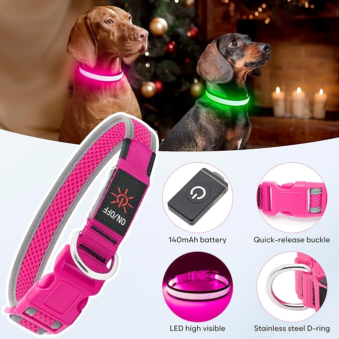 Flashseen LED Dog Collar, USB Rechargeable Light Up Dog Collar Lights, Adjustable Comfortable Soft