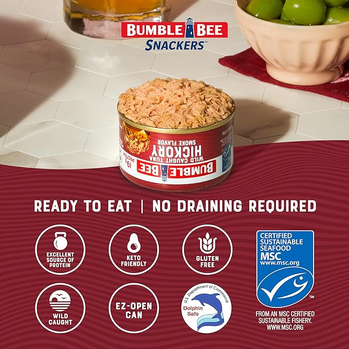 Bumble Bee Snackers - Hickory Smoke Tuna, 3 oz Easy Open Can - 19g Protein per Serving - Wild