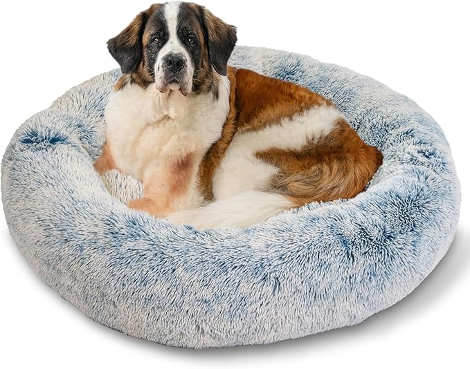 Best Friends by Sheri Original Calming Donut Dog and Cat Bed, Shag Faux Fur, Denim Blue, XL (45in x