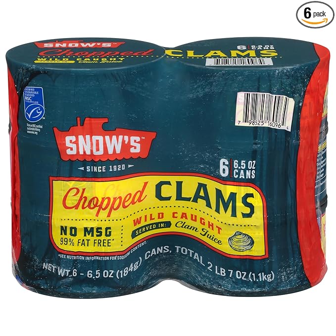 Snow's Wild Caught Chopped Clams Canned, 6.5 oz Can (Pack of 6) - 5g Protein Per Serving - Gluten