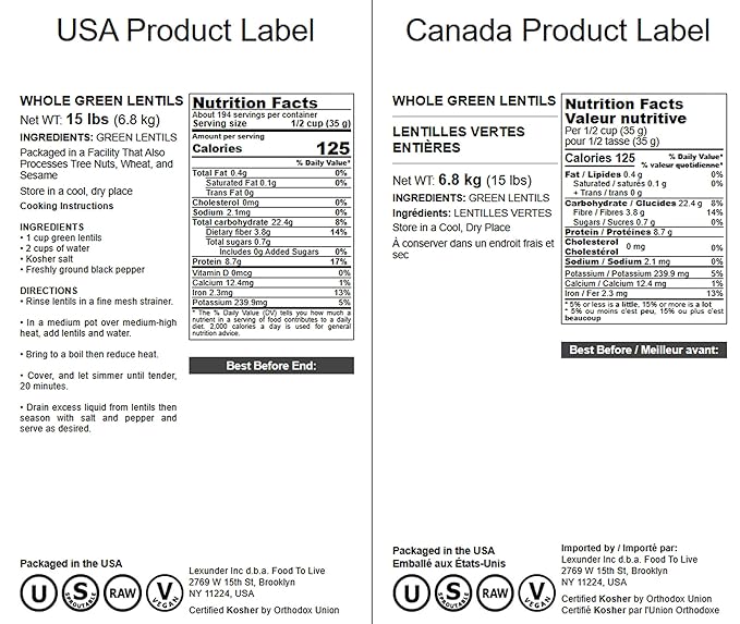 Food to Live - Whole Green Lentils, 15 Pound Dried Raw Lentils, Sproutable, Kosher, Vegan. Rich in