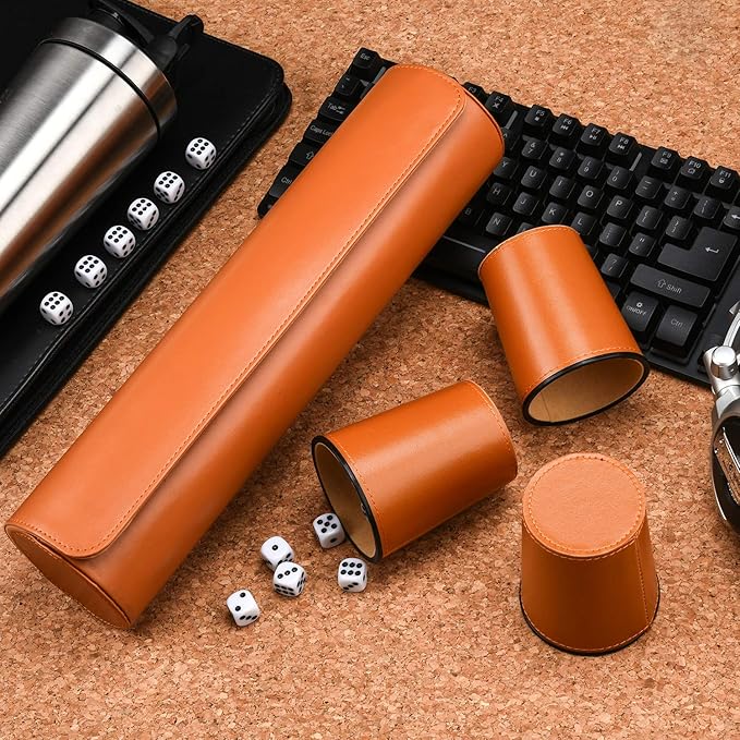 Leather Dice Cup Set, 5 Black Dice Cups + 25 Dices + Exclusive Storage and Transport Case Made of