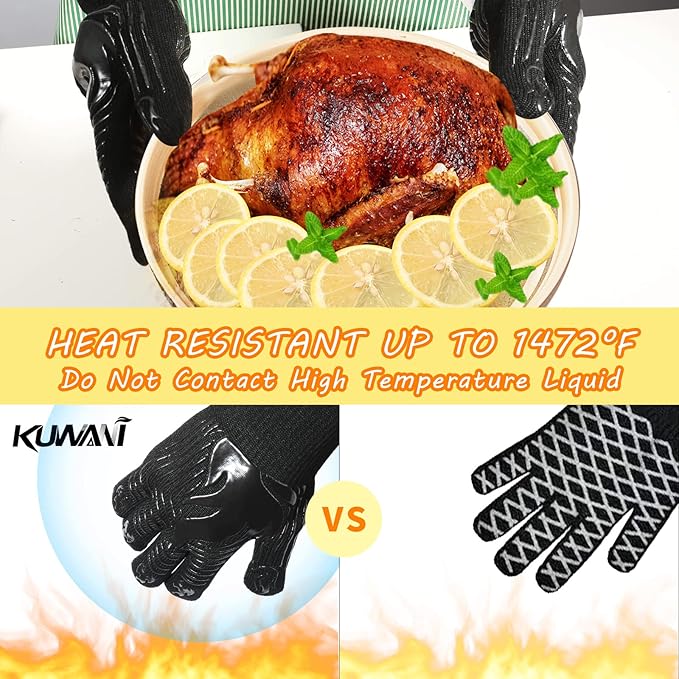BBQ Gloves, 1472°F Heat Resistant Fireproof Mitts, Silicone Non-Slip Washable Oven Kitchen Gloves