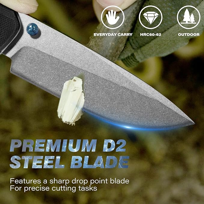 Axis Lock Folding Pocket Knife with Clip, 3.46" D2 Steel Drop Point Blade and G10 Handle, Crossbar