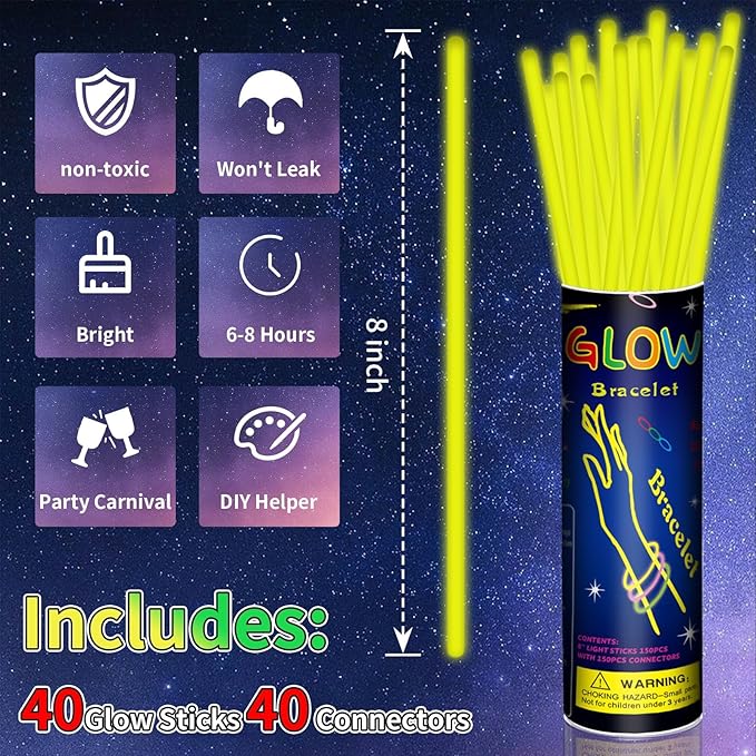 40 Pack 8??Yellow Glow Sticks Bracelet Necklaces Bulk with 40 Connectors Neon Glow In The Dark