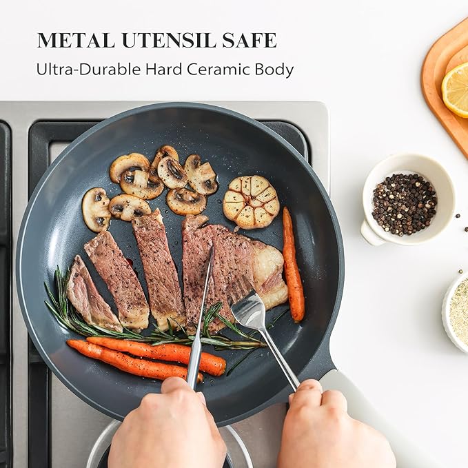 PRICUSIS Nonstick Ceramic Frying Pan with Lid, Non Toxic Skillet, Healthy Egg & Omelet & Chef's