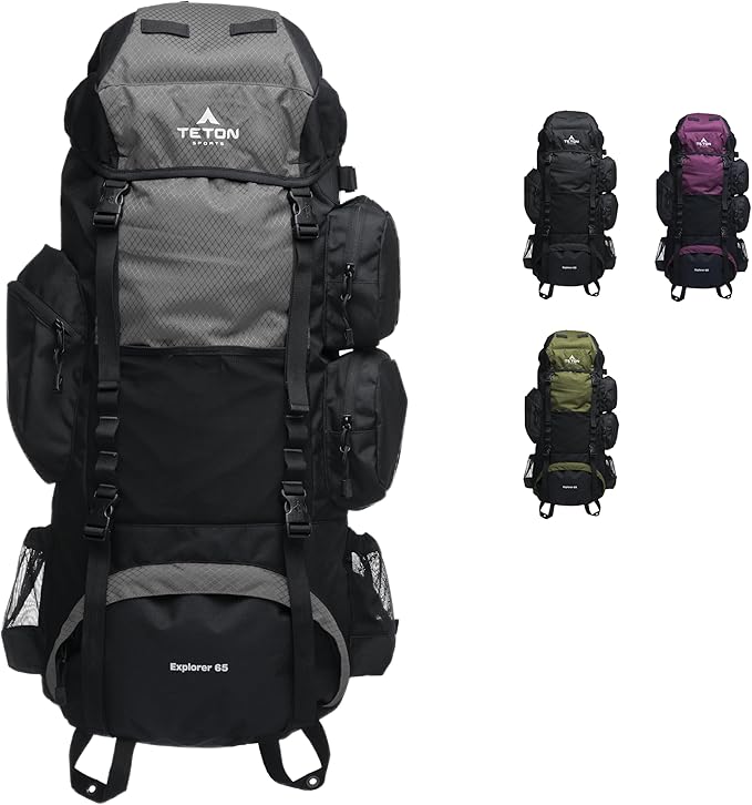 Teton 65L Explorer Internal Frame Backpack for Hiking, Camping, Backpacking, Rain Cover Included