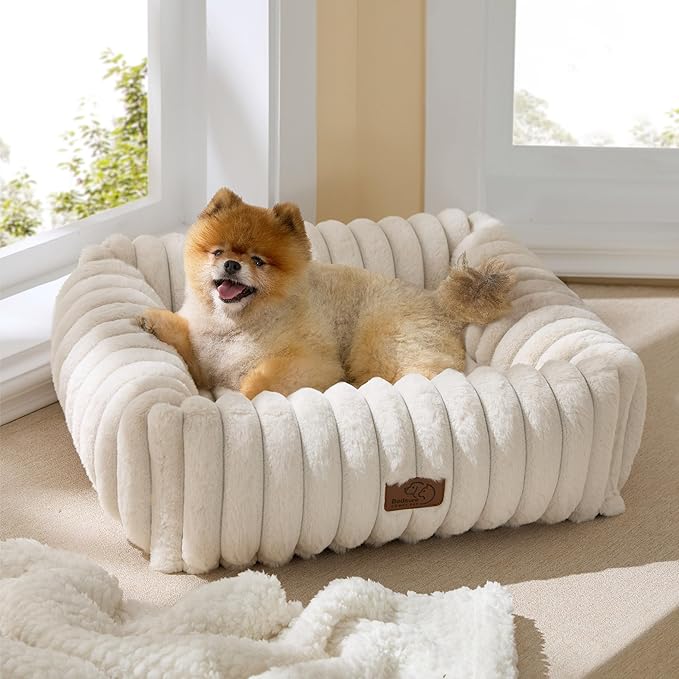 Bedsure Cute Dog Bed for Small Medium Dogs - Washable Furry Puppy Beds, Rectangle Orthopedic