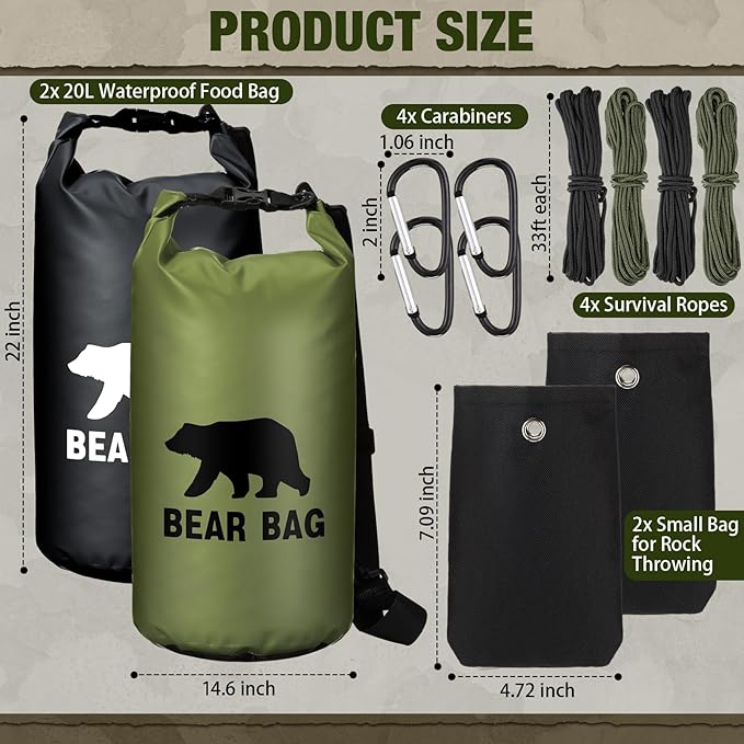 2 Sets Bear Food Bag for Camping Ultralight Food Bag Hanging System Includes 2 Pcs 10 L Waterproof