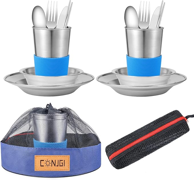 Outdoor Camping Mess Kit - 1 to 2 persons Camping Dishes Includes Cups, Bowls, Dishes, Knives