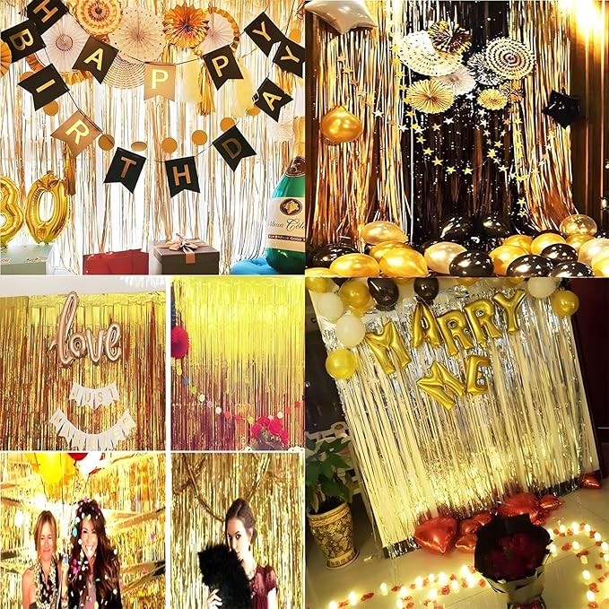 BRAVESHINE Black Gold Foil Fringe Curtain Backdrop - 2 Pack 3.2 x 8.2 ft Metallic Tinsel Photo