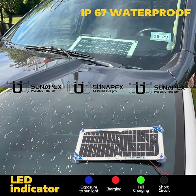 SUNAPEX Solar Battery Charger Maintainer, 10W 12V Portable Waterproof Solar Panel Trickle Charger