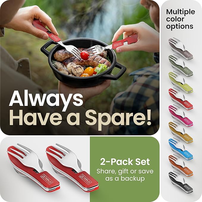 Orblue 4-in-1 Camping Eating Utensils, 2-Pack - Portable Spoon, Fork, Knife & Bottle Opener Combo