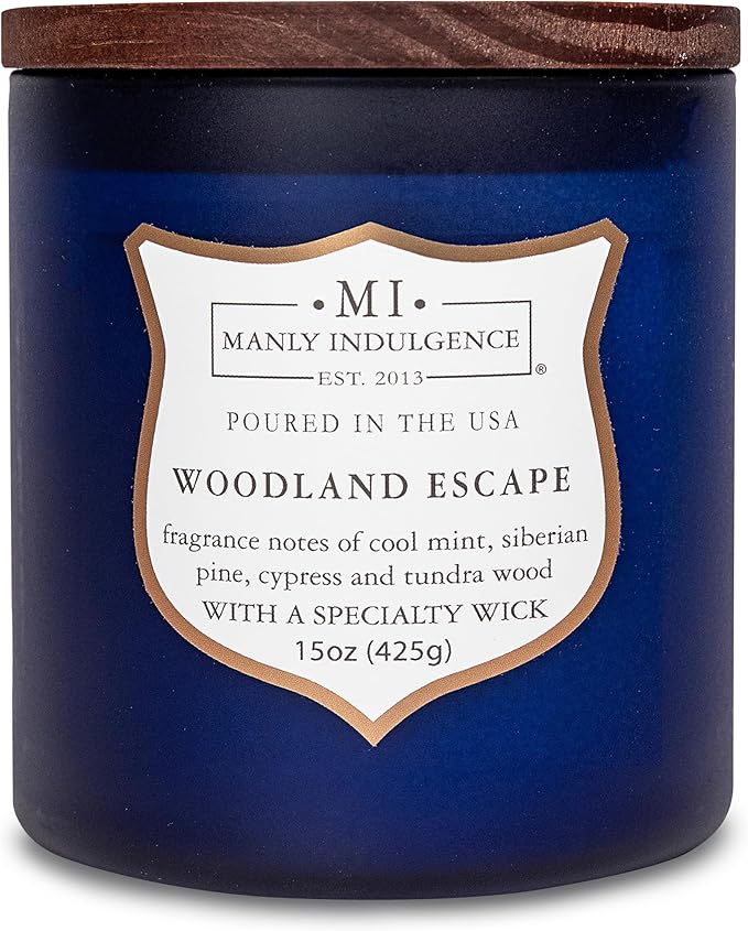 Manly Indulgence Woodland Escape Scented Candles for Men, 15 oz Wooden Wick, Premium Soy Blend Wax
