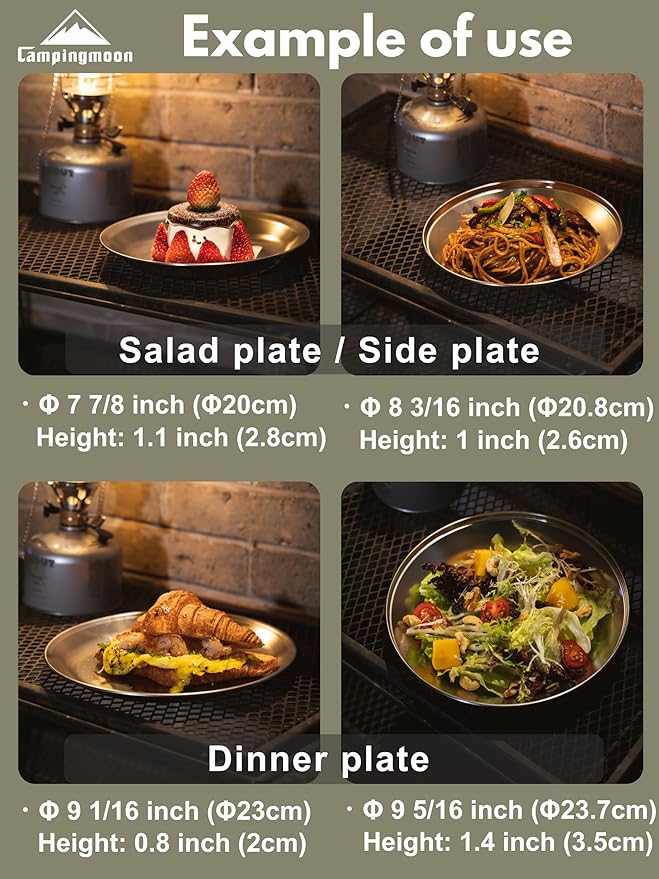 CAMPINGMOON Camping Plates 4 pack set Salad Side Dinner Plate Dishes Outdoor Tableware Stainless