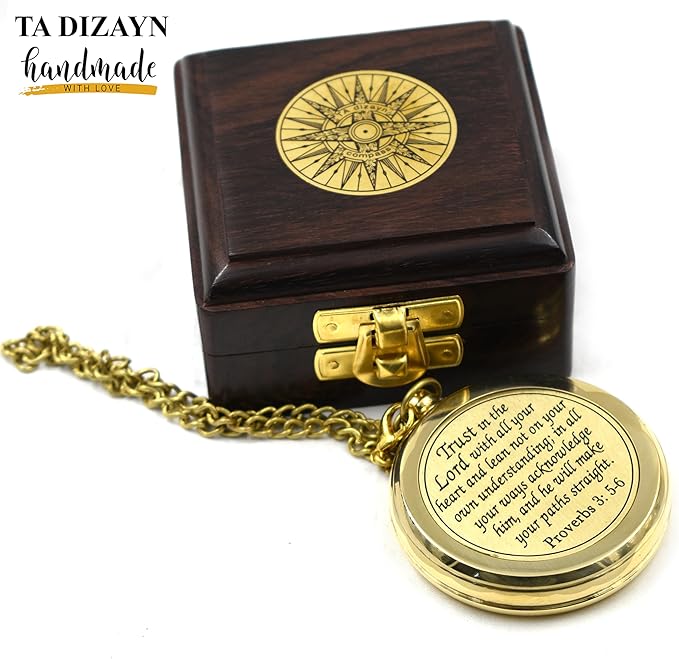 Trust in The Lord With All Your Heart - Proverbs 3:5-6 Quote Engraved Compass With Wooden Box