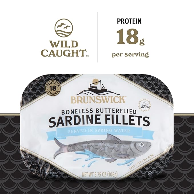 Brunswick Sardines in Spring Water, 3.75 oz Can (Pack of 12) - Boneless Butterflied Sardine Fillets