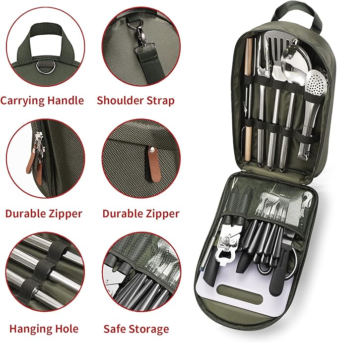 Portable Camping Kitchen Utensil Set-27 Piece Cookware Kit, Stainless Steel Outdoor Cooking and