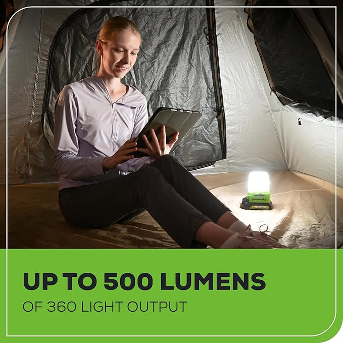 Greenworks 24V Lantern Cordless 500lm Camping Light Kit with USB-A and USB-C Port, 2Ah Battery and