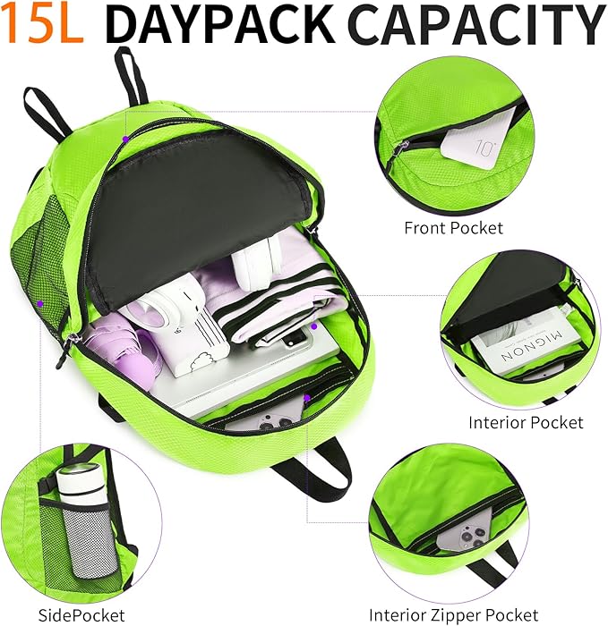 Small Hiking Daypack,15L Water-Resistant Hiking Backpack Packable Lightweight Travel Day Pack for