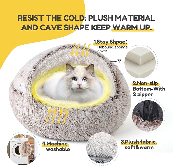 CATISM Plush Hooded Cat Bed, Calming Nest, Self-Warming Cave, Cozy Pod for Indoor Cats or Small