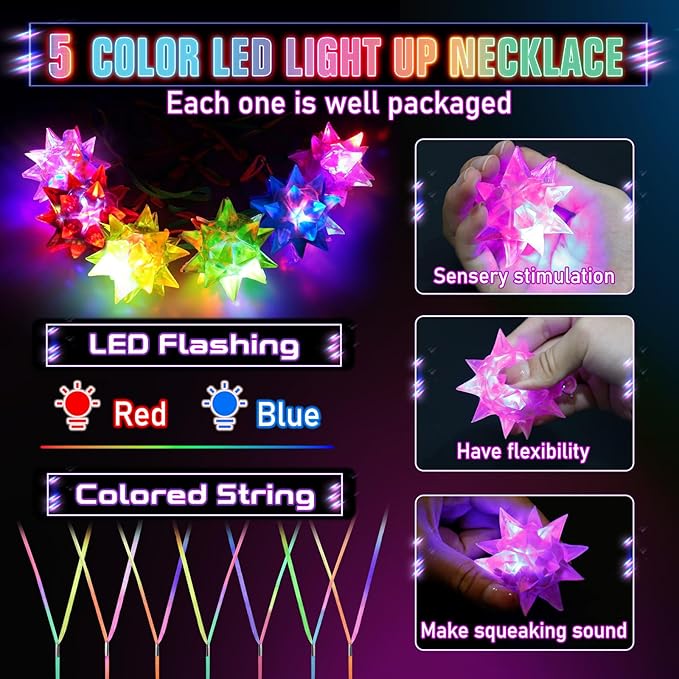 HONLYNE24 PCS Flashing Crystal Star Necklaces, Glow Necklaces Bulk Light up Party Favors, LED Glow