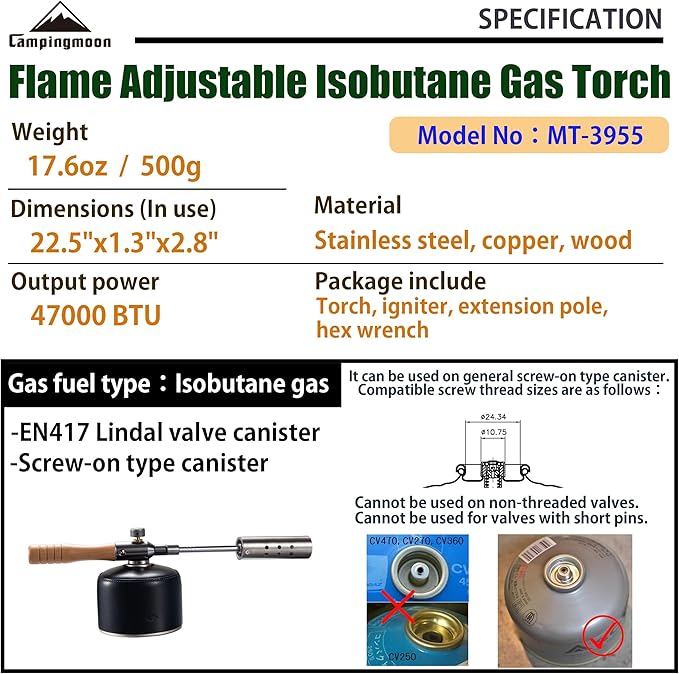 CAMPINGMOON Camping Grill Torch Dual Fuel Head Flame Adjustable for Charcoal Starter with Storage