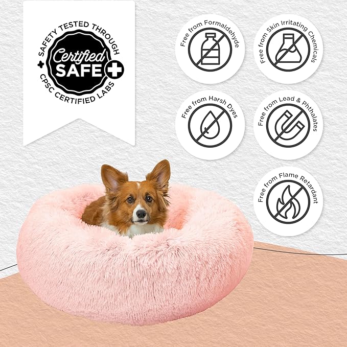Best Friends by Sheri Original Calming Donut Dog and Cat Bed, Shag Faux Fur, Cotton Candy Pink