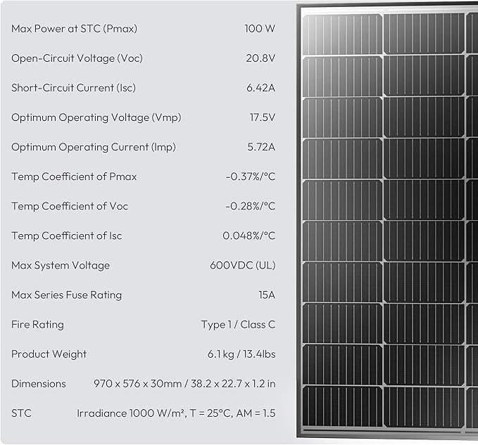 JJN 100 Watt Solar Panel, N-Type 16BB High Efficiency 12 Volt Solar Panels, 25% High Coversion Rate