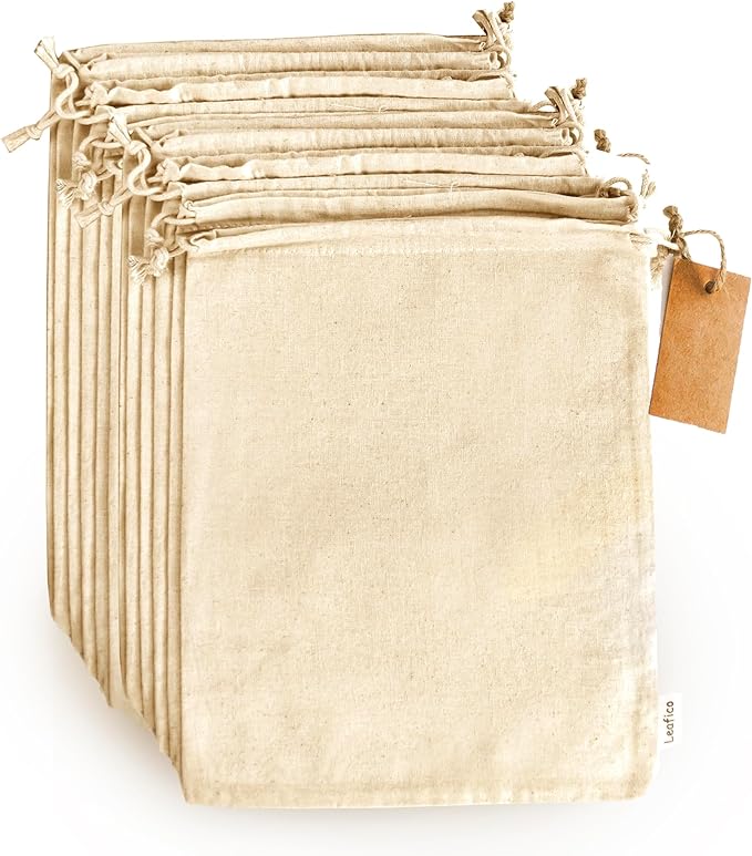 LEAFICO Multipurpose Eco Cloth Bags - Large 10x12 Inch (12 Pack) - Cotton Produce Storage Sacks