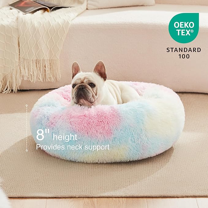 Love's cabin Calming Cat Bed for Indoor Cats,Anti-Anxiety Donut Round Dog Bed,Fluffy Faux Fur