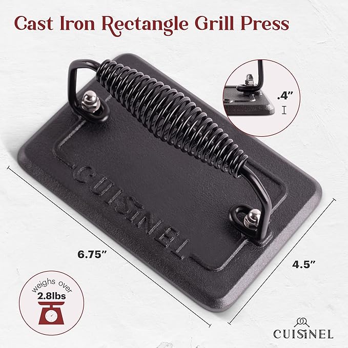 Cuisinel Cast Iron Grill Pan + Rectangular Cast Iron Grill Press + Tempered Glass Lid + Pan Scraper