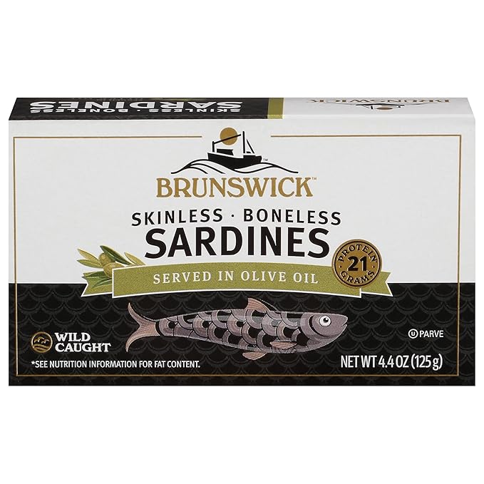 Brunswick Wild Caught Skinless and Boneless Sardines, Served in Olive Oil, 4.4 Ounce (Pack of 12)